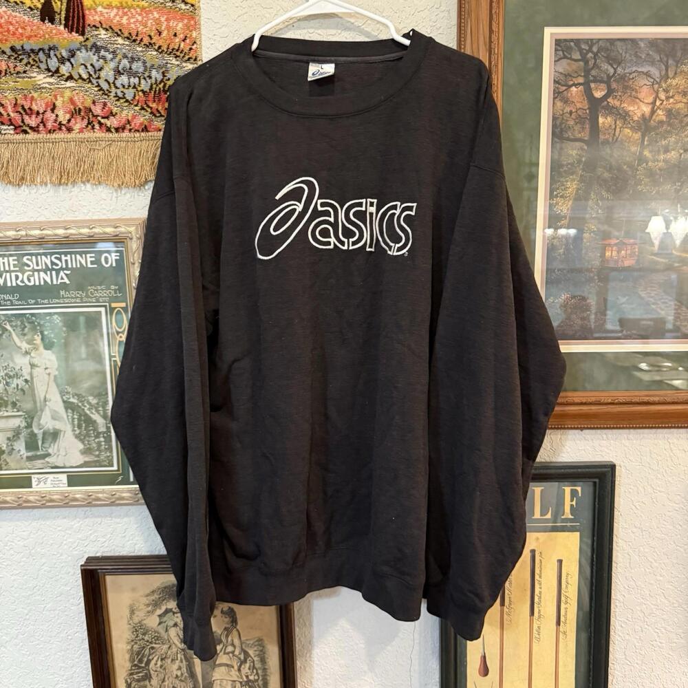 Vintage 90s RARE ASICS Embroidered‎ Black Sports Sweatshirt Size Mens Large